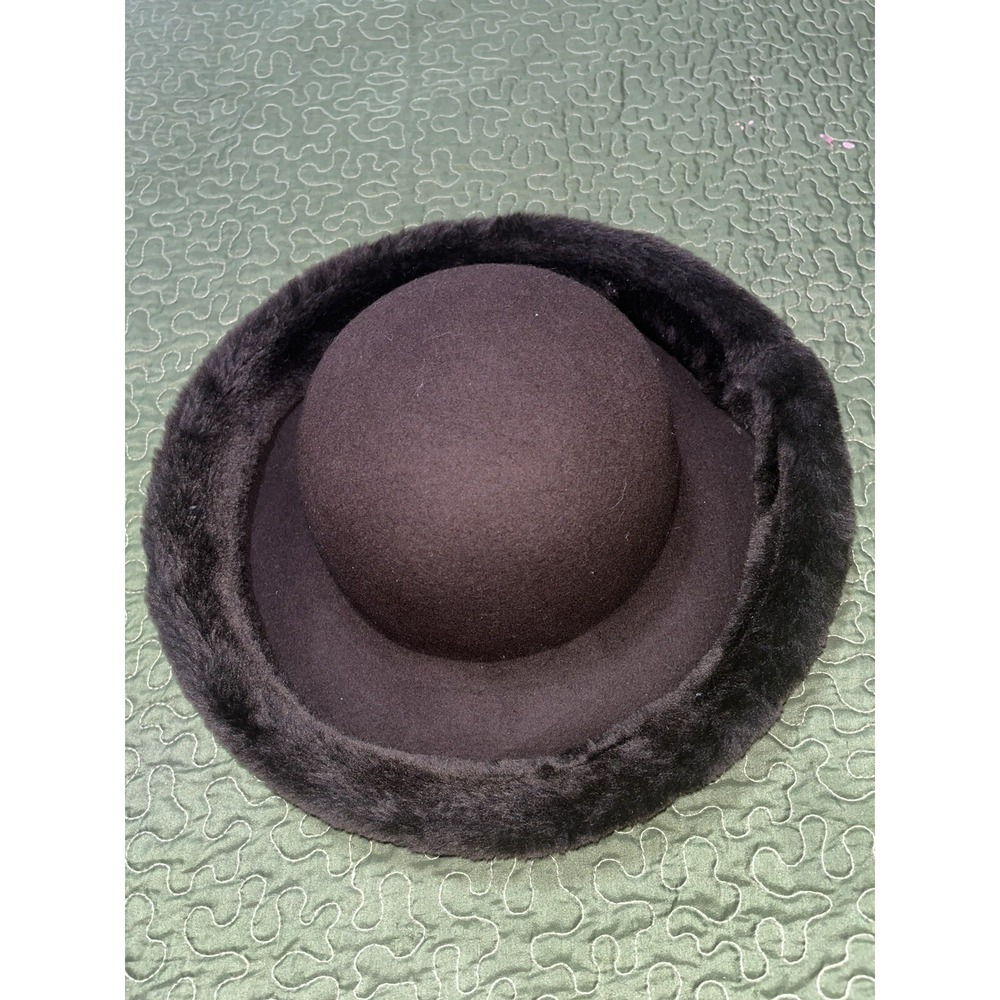 Vintage Style 100% Wool Felt Cloche Hat Brown Faux Fur Trim Winter RN 110280